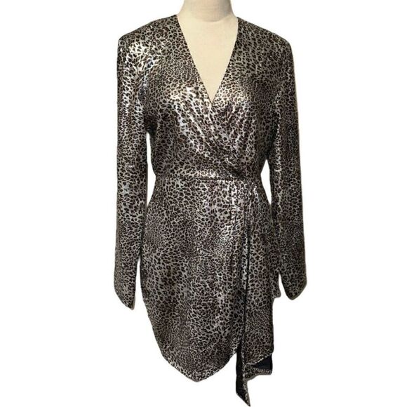 Ronny KoBo Leopard Print Silver Metallic Faux Wrap Dress - Picture 4 of 11